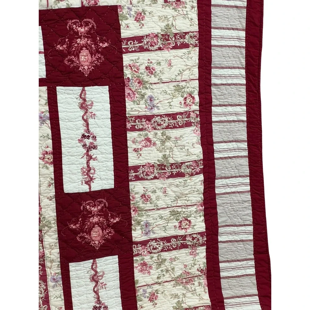 Vintage King Quilt Red Floral Stripe Shabby Chic French Country Bedding 100x90